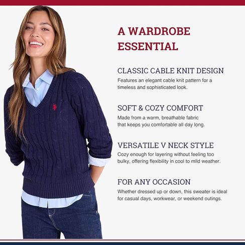 U.S. Polo Assn. Women's Cable Sweater - Soft Knit, Embroidered Pony Logo, Ribbed Trims, Casual Cozy Pullover in Saudi Arabia