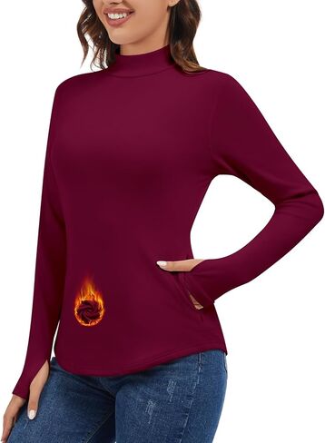 WOWENY Women's Thermal Fleece Long Sleeve Shirt Mock Neck Tops Winter Warm Cold Weather Undershirts with Thumb Holes Pockets in Saudi Arabia