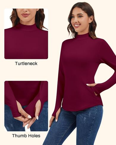 WOWENY Women's Thermal Fleece Long Sleeve Shirt Mock Neck Tops Winter Warm Cold Weather Undershirts with Thumb Holes Pockets in Saudi Arabia