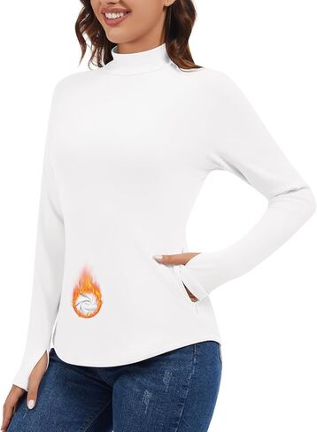 WOWENY Women's Thermal Fleece Long Sleeve Shirt Mock Neck Tops Winter Warm Cold Weather Undershirts with Thumb Holes Pockets in Saudi Arabia