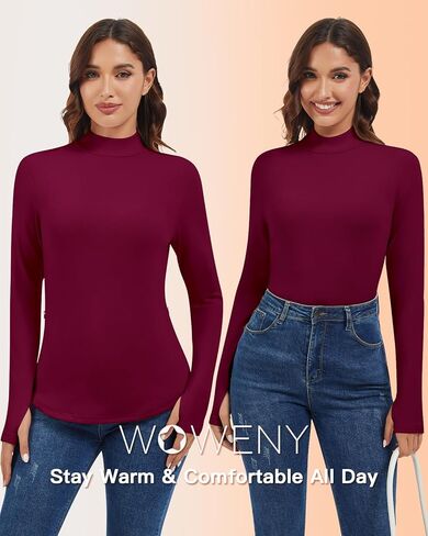 WOWENY Women's Thermal Fleece Long Sleeve Shirt Mock Neck Tops Winter Warm Cold Weather Undershirts with Thumb Holes Pockets in Saudi Arabia