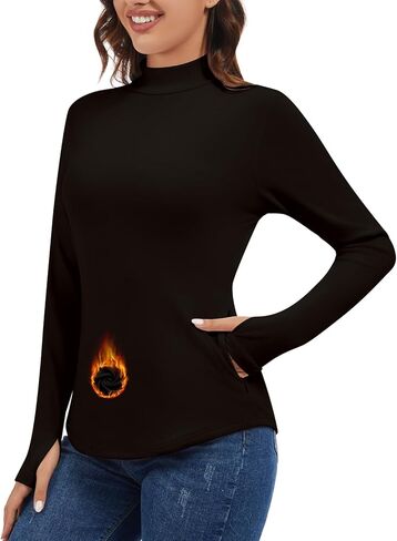 WOWENY Women's Thermal Fleece Long Sleeve Shirt Mock Neck Tops Winter Warm Cold Weather Undershirts with Thumb Holes Pockets in Saudi Arabia