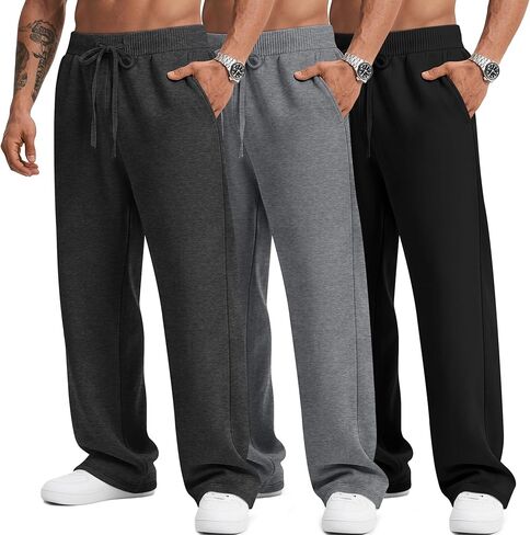 3 Pack Men's Big and Tall Sweatpants Athletic Open Bottom Drawstring Lounge Pants Plus Size Joggers with Pockets in Saudi Arabia