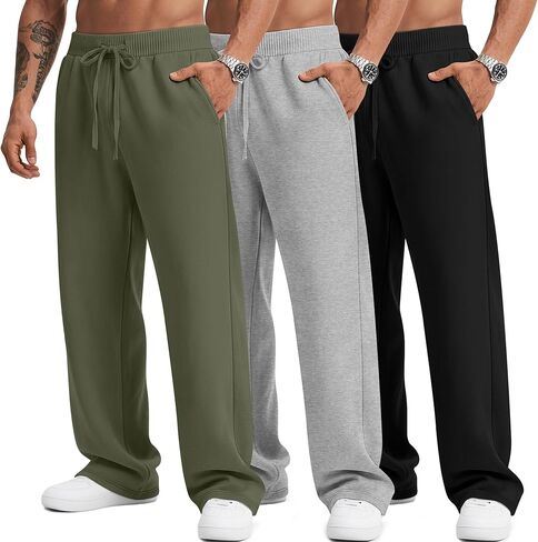 3 Pack Men's Big and Tall Sweatpants Athletic Open Bottom Drawstring Lounge Pants Plus Size Joggers with Pockets in Saudi Arabia