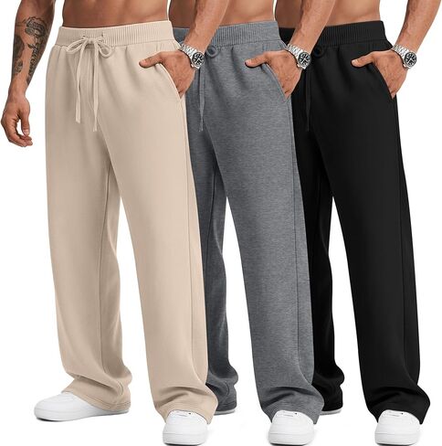 3 Pack Men's Big and Tall Sweatpants Athletic Open Bottom Drawstring Lounge Pants Plus Size Joggers with Pockets in Saudi Arabia