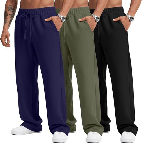3 Pack Men's Big and Tall Sweatpants Athletic Open Bottom Drawstring Lounge Pants Plus Size Joggers with Pockets in Saudi Arabia