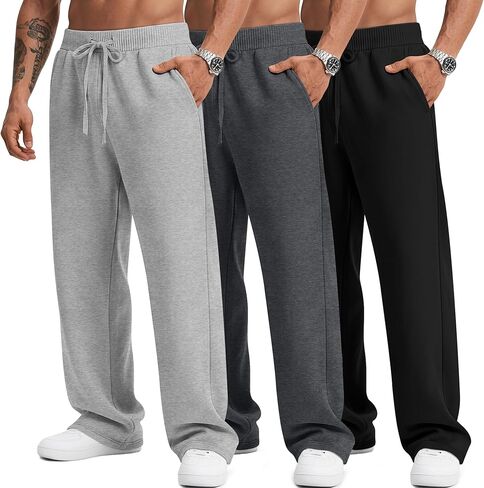 3 Pack Men's Big and Tall Sweatpants Athletic Open Bottom Drawstring Lounge Pants Plus Size Joggers with Pockets in Saudi Arabia