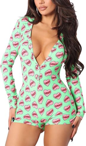 Springcmy Women Christmas V-Neck Shorts Jumpsuit One Piece Bodysuit Pajama Long Sleeve Bodycon Rompers Overall Sleepwear in Saudi Arabia