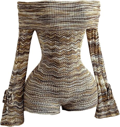 Milumia Women's Off Shoulder Crochet Knitted Long Bell Sleeve Bodycon Romper Shorts in Saudi Arabia