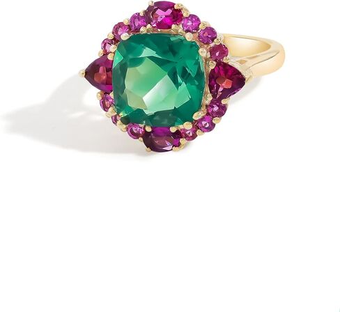 YoTreasure 14K Gold Plated 925 Sterling Silver Smoky Quartz & Green Fluorite Cluster Statement Ring for Women | Cushion-Cut Genuine Gemstone Jewelry Gift in Saudi Arabia