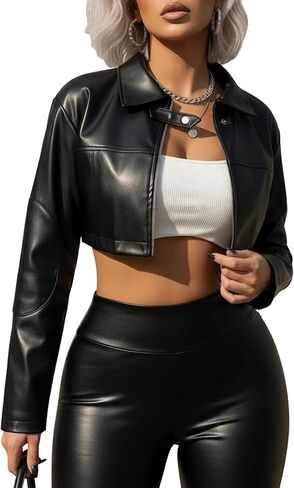 Women's Pu Leather Cropped Motorcycle Jacket Y2k Zip Up Collared Jackets Streetwear in Saudi Arabia