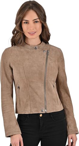 Frye WOMEN’S SUEDE RACER JACKET, GENUINE LEATHER, ASYMMETRICAL ZIP, SNAP COLLAR – TAUPE COLOR in Saudi Arabia