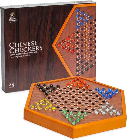 Yellow Mountain Imports Wooden Chinese Checkers Halma Board Game Set - 12.7 Inches - with Drawers and Glass Marbles - Made in Kuwait