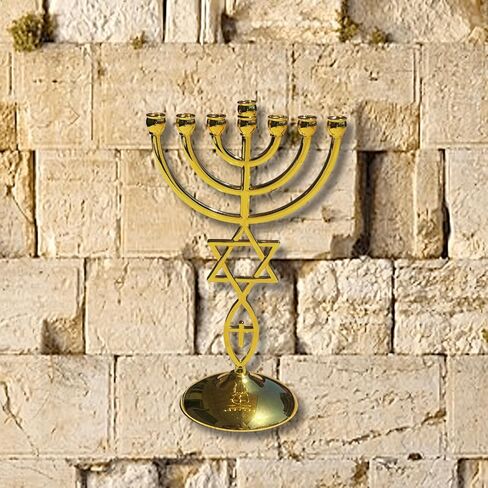 7 Branch Menorah - Jerusalem Temple Messianic Menorah, Gold & Silver Plated, 8.5" Tall - Messianic Symbol Home Decor with Star of David & Ichthys (Gold) in Saudi Arabia