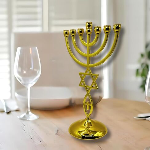 7 Branch Menorah - Jerusalem Temple Messianic Menorah, Gold & Silver Plated, 8.5" Tall - Messianic Symbol Home Decor with Star of David & Ichthys (Gold) in Saudi Arabia