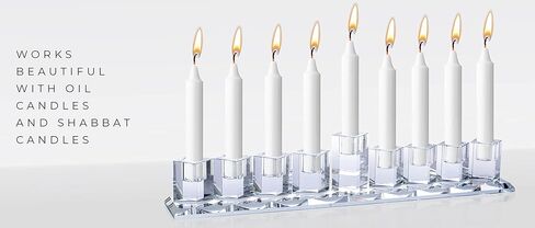 Ner Mitzvah Crystal Glass Hanukkah Menorah, Modern Style Oil and Candle Menorah for Chanukah, Fits Standard Chanukah Oil Cups and Large Candles, 15 inch Wide in Saudi Arabia