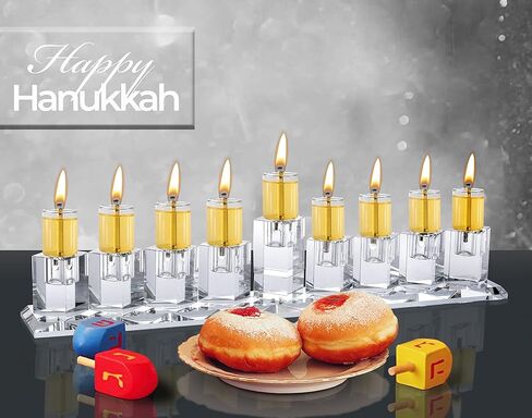 Ner Mitzvah Crystal Glass Hanukkah Menorah, Modern Style Oil and Candle Menorah for Chanukah, Fits Standard Chanukah Oil Cups and Large Candles, 15 inch Wide in Saudi Arabia