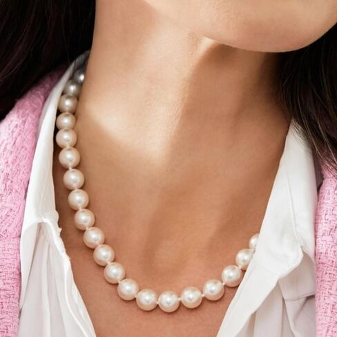 قلادة The Pearl Source من الذهب عيار 14 قيراط مقاس 9-10 مم بجودة AAA من لؤلؤ المياه العذبة الأبيض المستزرع للنساء بطول 17 بوصة هدايا من اللؤلؤ لعيد الميلاد والعطلات والذكرى السنوية in Saudi Arabia