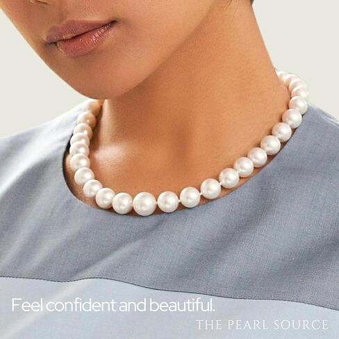 قلادة The Pearl Source من الذهب عيار 14 قيراط مقاس 9-10 مم بجودة AAA من لؤلؤ المياه العذبة الأبيض المستزرع للنساء بطول 17 بوصة هدايا من اللؤلؤ لعيد الميلاد والعطلات والذكرى السنوية in Saudi Arabia