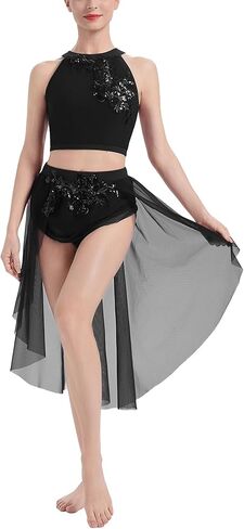 ODASDO Lyrical Dance Costumes for Women Contemporary Dancewear Sleeveless Crop Top with Mesh Tulle Flowy Skirt 2pcs Set in Saudi Arabia