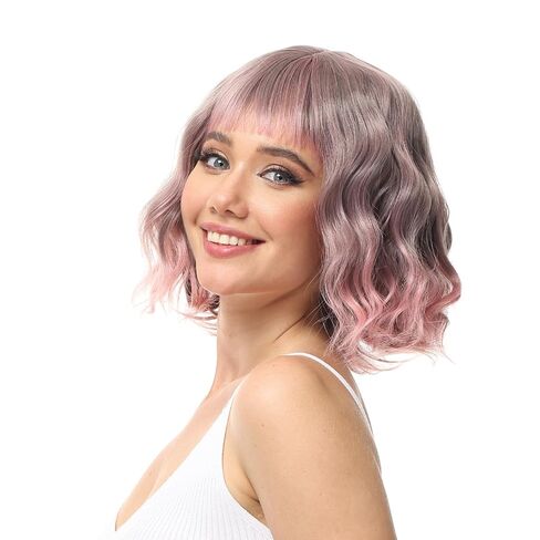 Rose bud Wavy Bob Wig with Bangs Natural Blue Wig Synthetic Hair Shoulder Length Short Curly Wigs for Women in Saudi Arabia