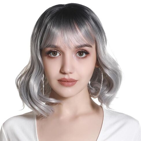 Short Bob Wig with Fringe Bangs Wavy Curly Wigs for Women Synthetic Pixie Cute Fake Layered Wig Violet in Saudi Arabia