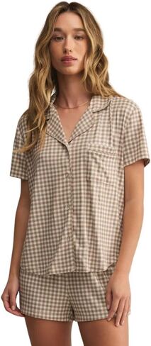 Z SUPPLY Women's Amy Gingham Top, Short Sleeve, Iced Coffee in Saudi Arabia