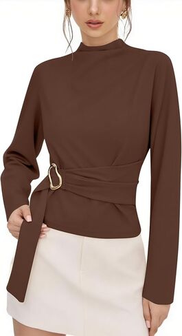 Elegant Tops for Women Buckle Tie Blouse Stand Collar Belted Long Sleeve Shirts 2026 Tie Waist Shirt Tops in Saudi Arabia