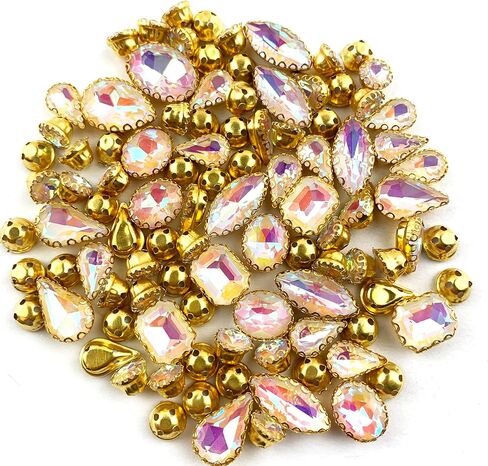 Heyiwell 100PC Mix Shapes Sew On Crystal Rhinestone Flatback Gold Claw Setting Crystal Gems for Clothes,Shoes,Dress,Jewelry Making DIY Crafts 6.5~15mm,Green AB in Kuwait