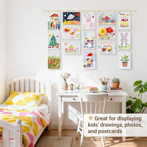 Mkono Art Display for Kids Artwork 63" L Metal Hanging Chain with 48 Clips, Kids Art Collage Pictures Holder, Boho Wall Decoration for Room Bedroom Playroom Classroom, Gold in Saudi Arabia