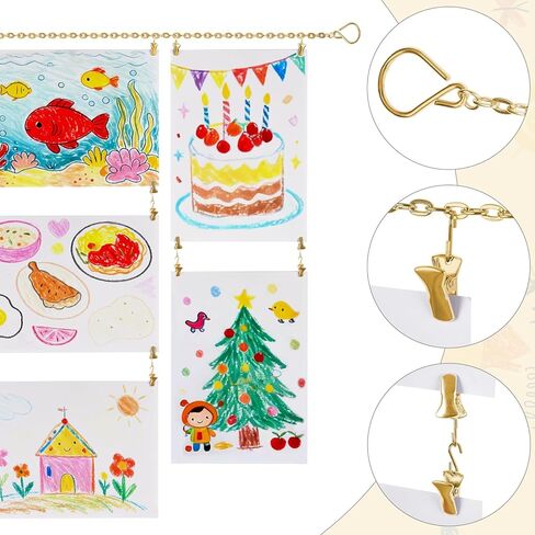 Mkono Art Display for Kids Artwork 63" L Metal Hanging Chain with 48 Clips, Kids Art Collage Pictures Holder, Boho Wall Decoration for Room Bedroom Playroom Classroom, Gold in Saudi Arabia