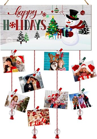 Christmas Card Holder Wooden Happy Holidays Wall Hanging Picture Holders with 24 Snowflake Wooden Photo Clips Greeting Card Display Picture Frame Collage Decoration for Xmas Wall Photo Crafts Decor in Saudi Arabia