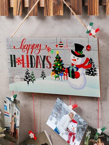 Christmas Card Holder Wooden Happy Holidays Wall Hanging Picture Holders with 24 Snowflake Wooden Photo Clips Greeting Card Display Picture Frame Collage Decoration for Xmas Wall Photo Crafts Decor in Saudi Arabia