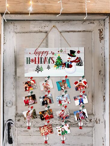 Christmas Card Holder Wooden Happy Holidays Wall Hanging Picture Holders with 24 Snowflake Wooden Photo Clips Greeting Card Display Picture Frame Collage Decoration for Xmas Wall Photo Crafts Decor in Saudi Arabia