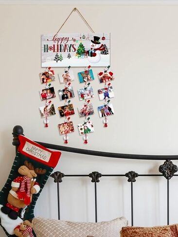 Christmas Card Holder Wooden Happy Holidays Wall Hanging Picture Holders with 24 Snowflake Wooden Photo Clips Greeting Card Display Picture Frame Collage Decoration for Xmas Wall Photo Crafts Decor in Saudi Arabia