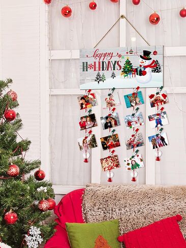 Christmas Card Holder Wooden Happy Holidays Wall Hanging Picture Holders with 24 Snowflake Wooden Photo Clips Greeting Card Display Picture Frame Collage Decoration for Xmas Wall Photo Crafts Decor in Saudi Arabia
