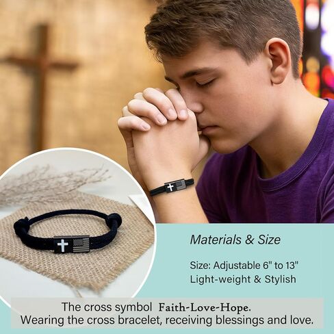 American Flag Cross Bracelet for Boys, Inspirational Religious Bible Verse Bracelets Braided Rope Adjustable Easter First Communion Confirmation Baptism Jewelry Gifts for Teen Grandson in Saudi Arabia