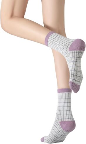 Verdancy Women's Yoga Pilates Crew Socks with Plaid Striped Pattern Non-Slip Mid-Calf Grip Socks for Barre in Saudi Arabia