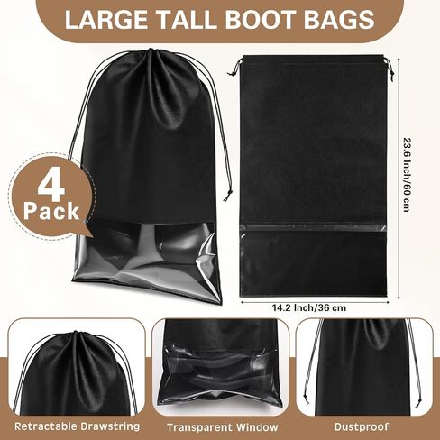 4 Pcs Tall Boot Bags for Travel, Non Woven Shoe Storage Organizer, Black Shoe Bags with Rope, Large Boot Protector Cover Pouch in Saudi Arabia