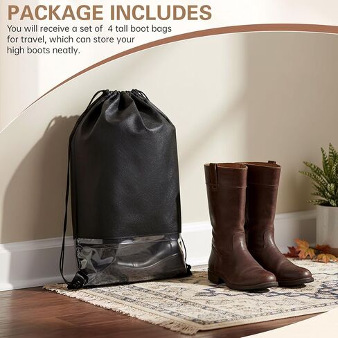 4 Pcs Tall Boot Bags for Travel, Non Woven Shoe Storage Organizer, Black Shoe Bags with Rope, Large Boot Protector Cover Pouch in Saudi Arabia