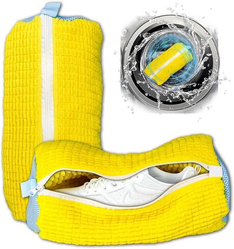 Shoe Washing Machine Bag Laundry Shoe Bag for Washer and Dryer Reusable 2pcs Yellow Shoe Cleaning Bags 360° Deep Cleaning Machine for All Shoes Types With Self-locking Zipper in Saudi Arabia