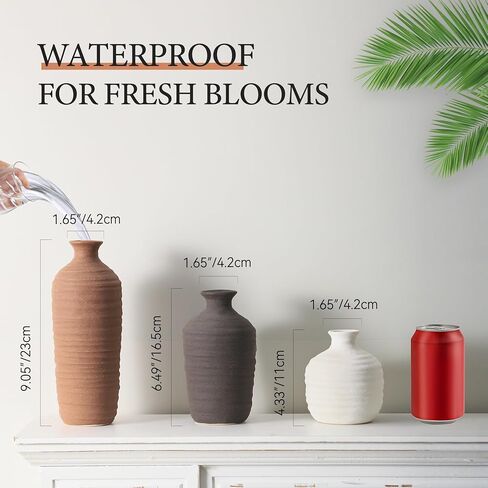 Ceramic Vase Set of 3 Neutral Decorative Vase for Farmhouse, Boho, or Rustic Home Decor Pottery Vases for Pampas Grass Living Room Bedroom Table Mantel Entryway Shelf (01-Brown) in Saudi Arabia