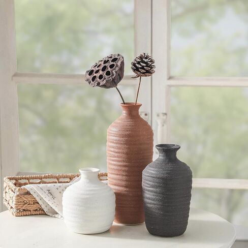 Ceramic Vase Set of 3 Neutral Decorative Vase for Farmhouse, Boho, or Rustic Home Decor Pottery Vases for Pampas Grass Living Room Bedroom Table Mantel Entryway Shelf (01-Brown) in Saudi Arabia