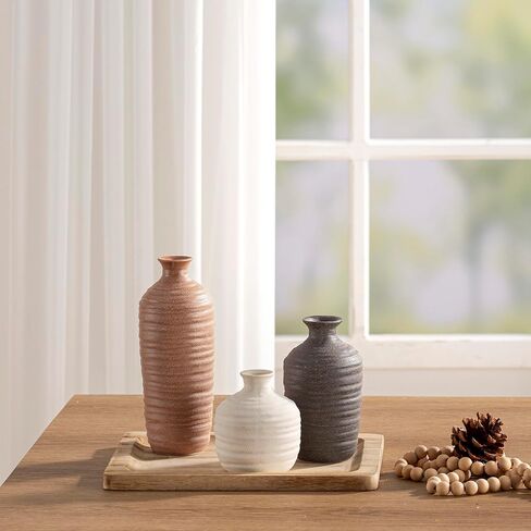 Ceramic Vase Set of 3 Neutral Decorative Vase for Farmhouse, Boho, or Rustic Home Decor Pottery Vases for Pampas Grass Living Room Bedroom Table Mantel Entryway Shelf (01-Brown) in Saudi Arabia