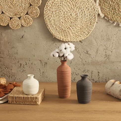 Ceramic Vase Set of 3 Neutral Decorative Vase for Farmhouse, Boho, or Rustic Home Decor Pottery Vases for Pampas Grass Living Room Bedroom Table Mantel Entryway Shelf (01-Brown) in Saudi Arabia