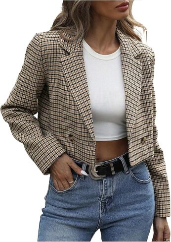 WDIRARA Women's Plaid Button Open Front Cropped Blazer Houndstooth Long Sleeve Work Office Jacket in Saudi Arabia