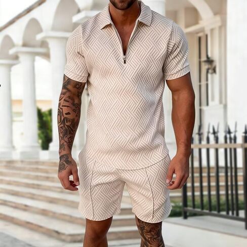 Men's 2-Piece Summer Loungewear Set | 1/4 Zip Polo Short Sleeve & Casual Shorts Sweatsuit Outfit in Saudi Arabia