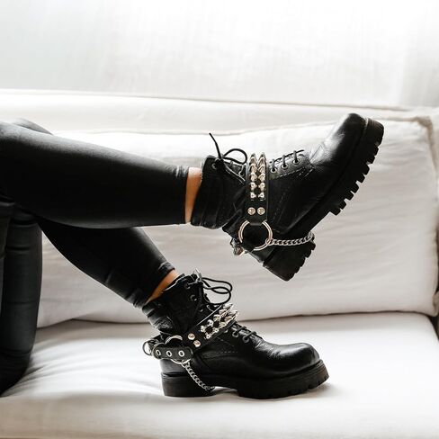 Leather Bootstraps – Pair of Handmade Gothic Spiked Shoe Accessories – Studded Punk Emo Goth Cuffs for Boots – Black Cowhide with Chains in Kuwait