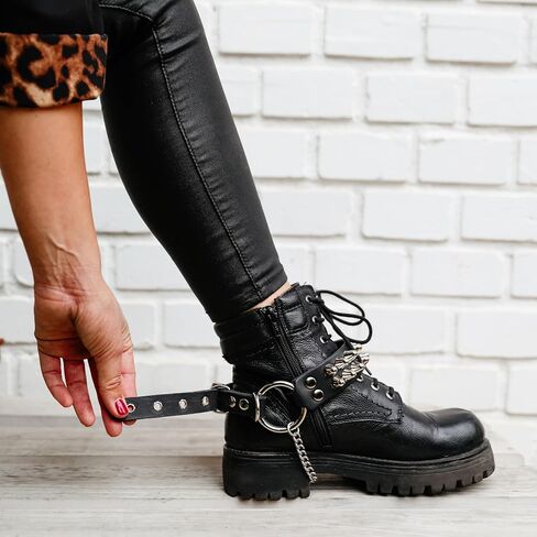 Leather Bootstraps – Pair of Handmade Gothic Spiked Shoe Accessories – Studded Punk Emo Goth Cuffs for Boots – Black Cowhide with Chains in Kuwait