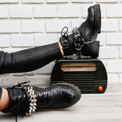 Leather Bootstraps – Pair of Handmade Gothic Spiked Shoe Accessories – Studded Punk Emo Goth Cuffs for Boots – Black Cowhide with Chains in Kuwait